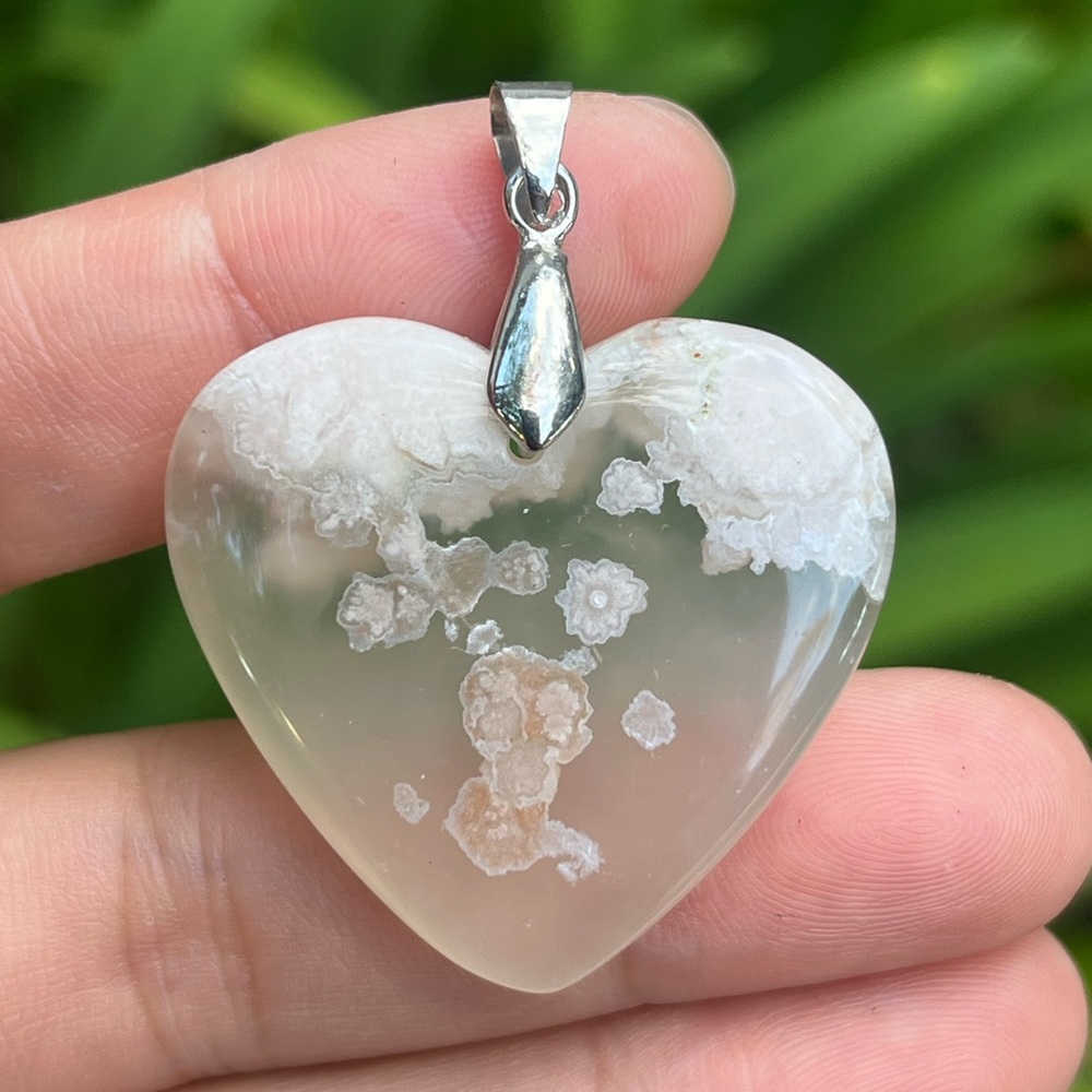 Sterling silver 925 stamped translucent flower agate heart‎ pendant 0968